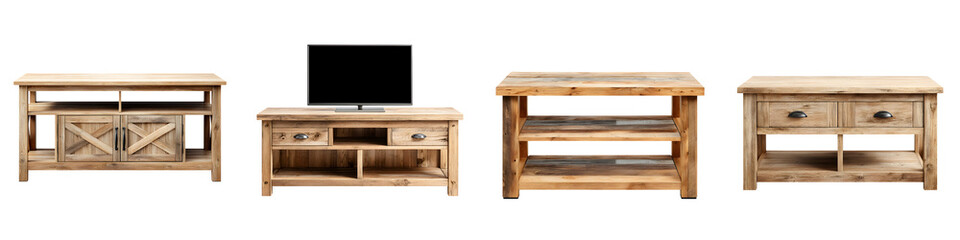Natural, rustic furniture sets including coffee tables, media consoles, and storage units, showcasing warm wood tones and functional designs, perfect for home decor or modern living spaces