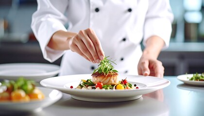 Chef meticulously garnishes a plated salmon dish with fresh herbs in a professional kitchen setting