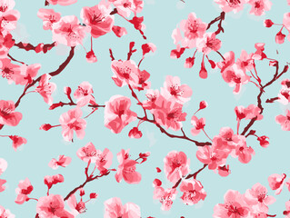 Fototapeta premium cherry blossom, flower, pattern, floral, seamless, vector, illustration, nature, spring, blossom, design, wallpaper, decoration, flowers, pink, cherry, tree, art, leaf, beauty, plant, texture, branch,