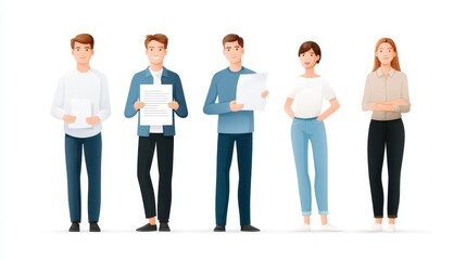 Obraz premium A diverse group of individuals standing together, each holding documents. They represent teamwork and collaboration in a professional setting, showcasing modern business dynamics.
