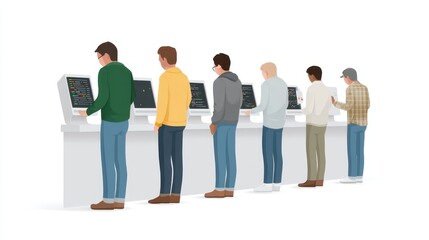 Fototapeta premium A diverse group of individuals standing at modern technology kiosks, engaged in various activities. The scene showcases innovation and interaction with digital devices.