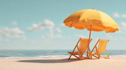 Scenic beach umbrella and two lounge chairs on golden sand with soft ocean backdrop under natural sunlight