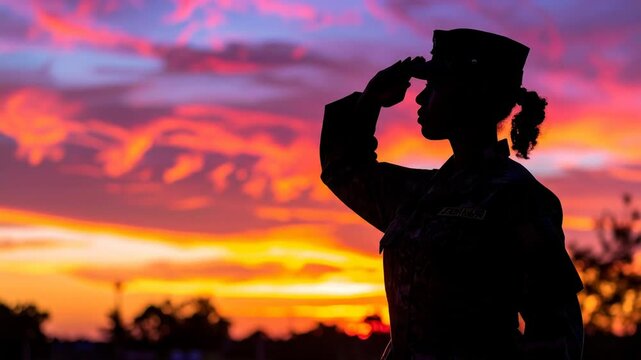 Silhouette of a Female Soldier Saluting Against a Vibrant Sunset Sky Backdrop