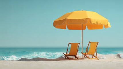 Scenic beach umbrella and two lounge chairs on golden sand with soft ocean backdrop under natural sunlight
