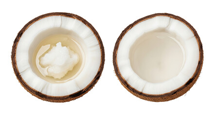 Display featuring a whole young coconut, a half shell showing the fresh meat, and a bottle of pure coconut oil, isolated on white. Full depth of field. Health concept.