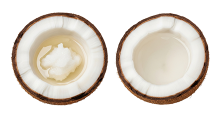 Display featuring a whole young coconut, a half shell showing the fresh meat, and a bottle of pure coconut oil, isolated on white. Full depth of field. Health concept.