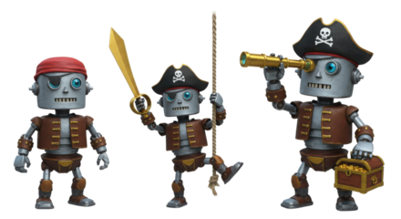 Three cute cartoon Pirate Robots set isolated on white background holding sword and telescope