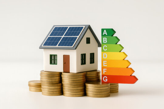 House Model with Solar Panels and Energy Efficiency Chart on Stacked Coins