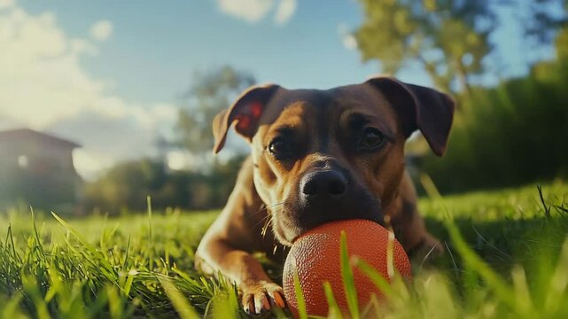 dog on grass with a ball