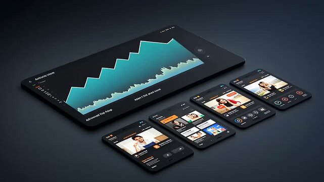 Modern digital interface showcasing various applications on multiple smartphone screens