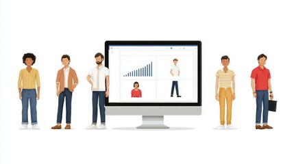 A diverse group of professionals stands together beside a computer displaying growth statistics, symbolizing teamwork and success in the modern workplace.