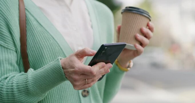 Phone, typing and hands with woman in city for ehailing service, taxi cab app search and communication. Location, networking and rider request with person for transport tracking, travel and waiting