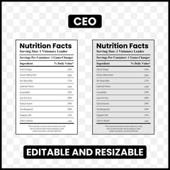 CEO nutrition facts
Chief Executive Officer label
Business leader nutrition facts
Funny CEO label
Executive nutrition labl
Leadership nutrition facts
Mock nutrition facts
CEO humor label

