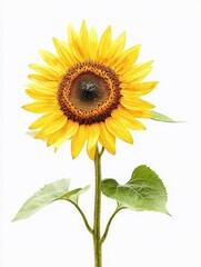 Obraz premium A tall sunflower stands with its broad yellow petals radiating from a dark brown center. Green leaves support the stem as the flower reaches towards bright light in a cheerful display.
