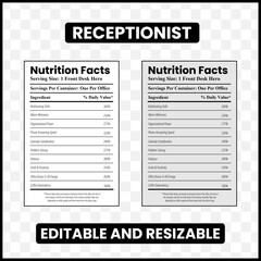 Receptionist nutrition facts
Receptionist label design
Office humor nutrition facts
Funny receptionist label
Receptionist infographic
Workplace nutrition label
Mock nutrition facts
Reception desk 