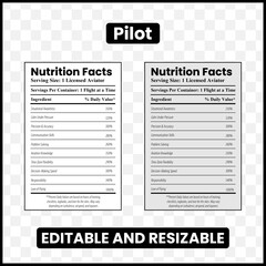 Pilot nutrition facts
Pilot label design
Aviation nutrition facts
Funny pilot label
Pilot infographic
Airline pilot nutrition label
Mock nutrition facts
Pilot lifestyle label

