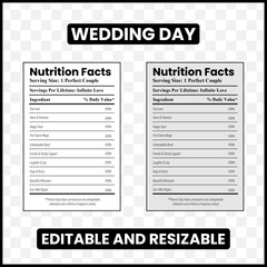 Wedding Day Nutrition Facts
Wedding nutrition label
Marriage nutrition facts
Wedding infographic
Love nutrition label
Bride and groom facts
Funny wedding label
Relationship nutrition facts











