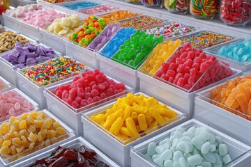 Assorted colorful gummy candies in display bins