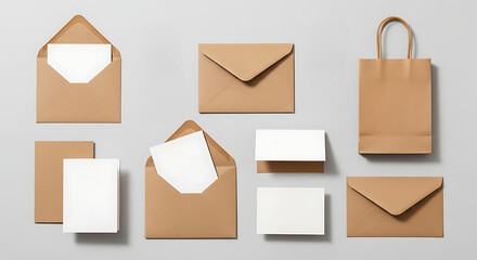 Brown paper envelopes and a paper bag. Mockup of stationery items for corporate identity. Mail, branding, and eco friendly packaging.