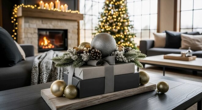 Holiday wrapped gift boxes on a wooden board ready for Christmas with living room background and decorative fireplace with christmas tree.