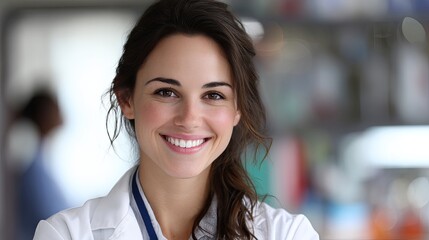Obraz premium Confident young female doctor in white coat smiling in blurred medical environment, professional portrait with soft lighting and shallow depth of field