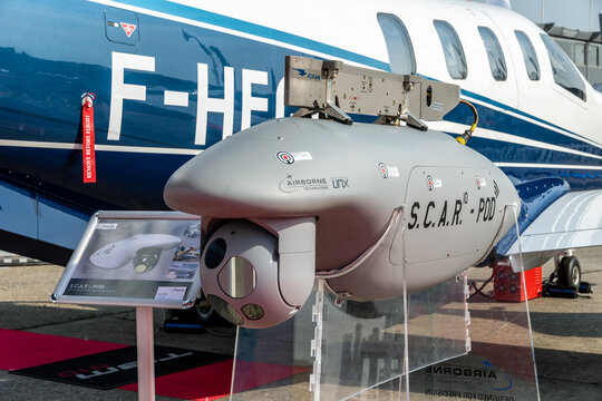 Airborne Technologies SCAR-Pod (Self Contained Aerial Reconnaissance Pod) on display at the Paris Air Show. France - Jun 22, 2017
