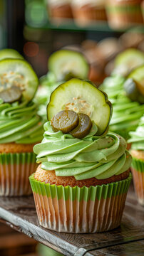 Naklejki Freshly baked cupcakes topped with green frosting, mustard seeds, and a slice of pickled cucumber, creating a unique sweet and savory flavor combination in a bakery display.