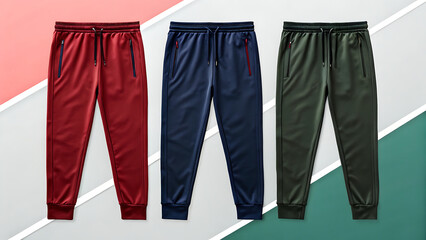 Stylish track pants collection displaying different colors and contemporary apparel design for fashion or fitness