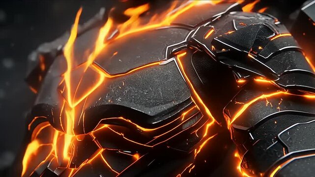 Futuristic armored figure with glowing cracks, set against a dark, dynamic background showcasing energy