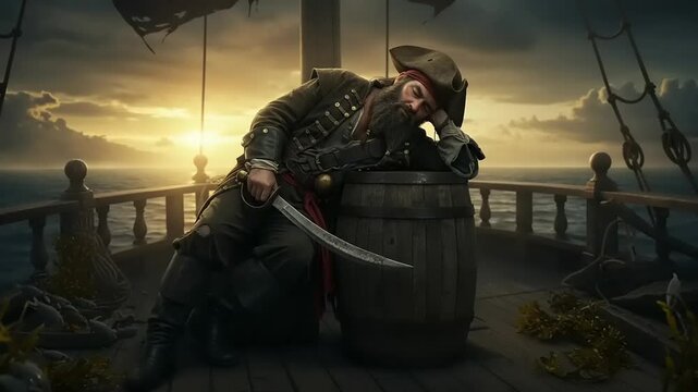A weary pirate resting on a barrel aboard a ship at sunset, with waves gently lapping and clouds in the background