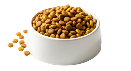 A ceramic bowl filled with dry dog food kibble, representing balanced nutrition for pets, isolated on a clean white background. Ideal for pet care and food brands.