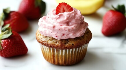 Delicious strawberry banana cupcake with creamy frosting.