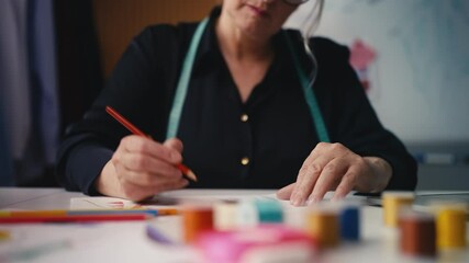 Woman fashion designer drawing clothing sketches in office, creative profession