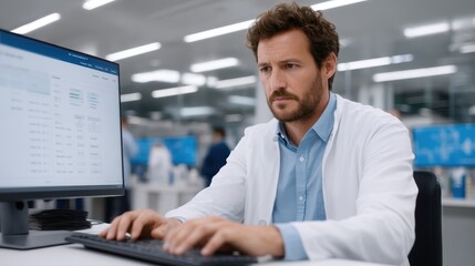 Fototapeta premium A focused male scientist in a lab coat works intently on a computer, analyzing data amidst a busy laboratory environment, showcasing dedication and professionalism in scientific re