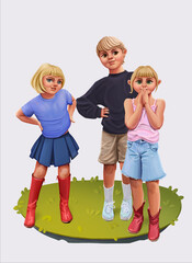 Illustration: Three children pose in a clearing.