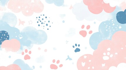 Pastel pink and blue watercolor clouds, paw prints, and stars background.