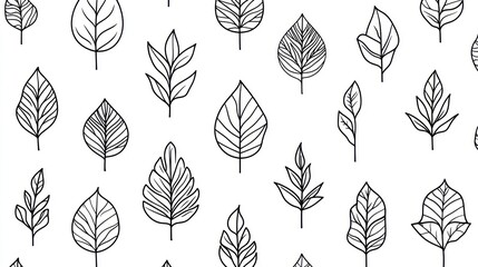 Seamless pattern of simple black line art leaves on white background.