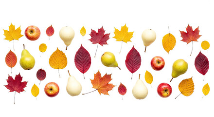 A beautiful flat lay pattern composed of colorful autumn leaves, fresh yellow pears, and crisp apples on a colored surface. Perfect for seasonal or Thanksgiving themes.