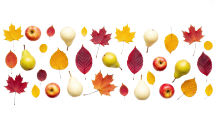 A beautiful flat lay pattern composed of colorful autumn leaves, fresh yellow pears, and crisp apples on a colored surface. Perfect for seasonal or Thanksgiving themes.