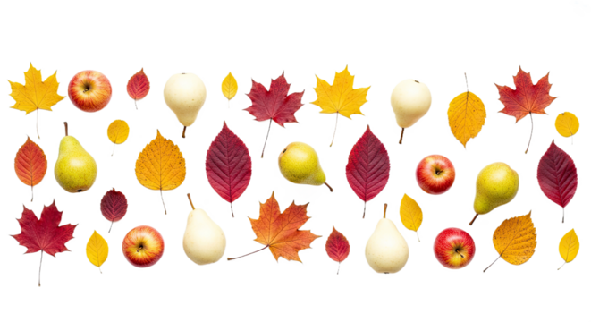 A beautiful flat lay pattern composed of colorful autumn leaves, fresh yellow pears, and crisp apples on a colored surface. Perfect for seasonal or Thanksgiving themes.