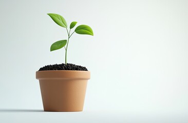 Illustration of a clay flower pot on the ground with a small plant growing from it, against a white background, high-resolution photography.