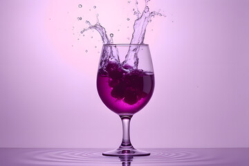 Purple grape juice in a wine glass with splashes, dark yellow background, grapes floating around the glass.