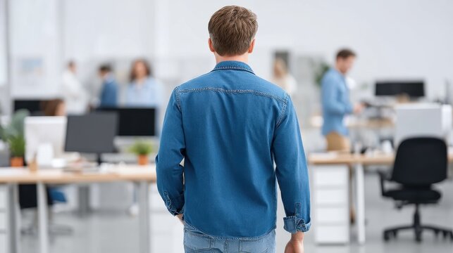 A focused professional stands in an open office space, contemplating his next project. The bright, collaborative environment fosters productivity and innovation among colleagues.