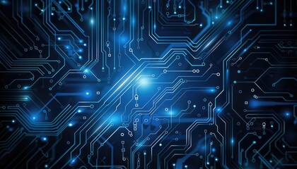 Intricate circuit board design with glowing blue lines.