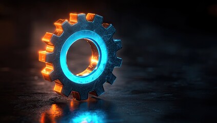 Render of a cyberpunk gear wheel icon glowing on a dark background, in a hologram style.