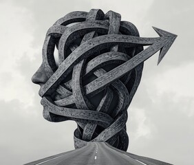 Render of an arrow pointing to the left, going through road shapes that form a head and brain shape, with tangled roads inside the mind, against a grey sky background.
