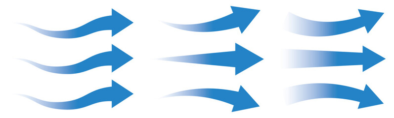 Air flow arrows set. Set of blue arrow showing wind air flow. Vector set of air flow arrows. Blue air flow arrows showing wind circulation and ventilation. Set of blue arrows showing cold air 