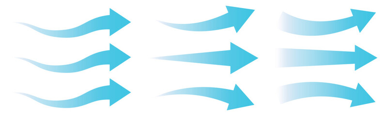 Air flow arrows set. Set of blue arrow showing wind air flow. Vector set of air flow arrows. Blue air flow arrows showing wind circulation and ventilation. Set of blue arrows showing cold air 