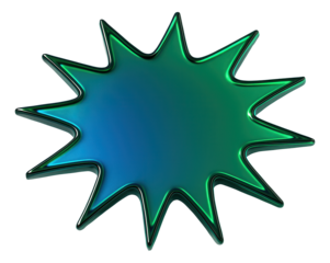 Metallic blue and green abstract starburst shape with smooth edges and a glossy finish on transparent background.