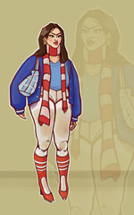 Illustration of a fashionable girl in a jacket, shoes and short shorts.